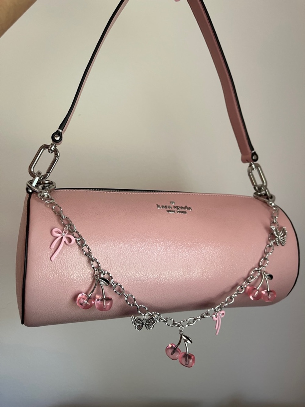 Silver Purse Charm with Pink Cherry and Bow Accents